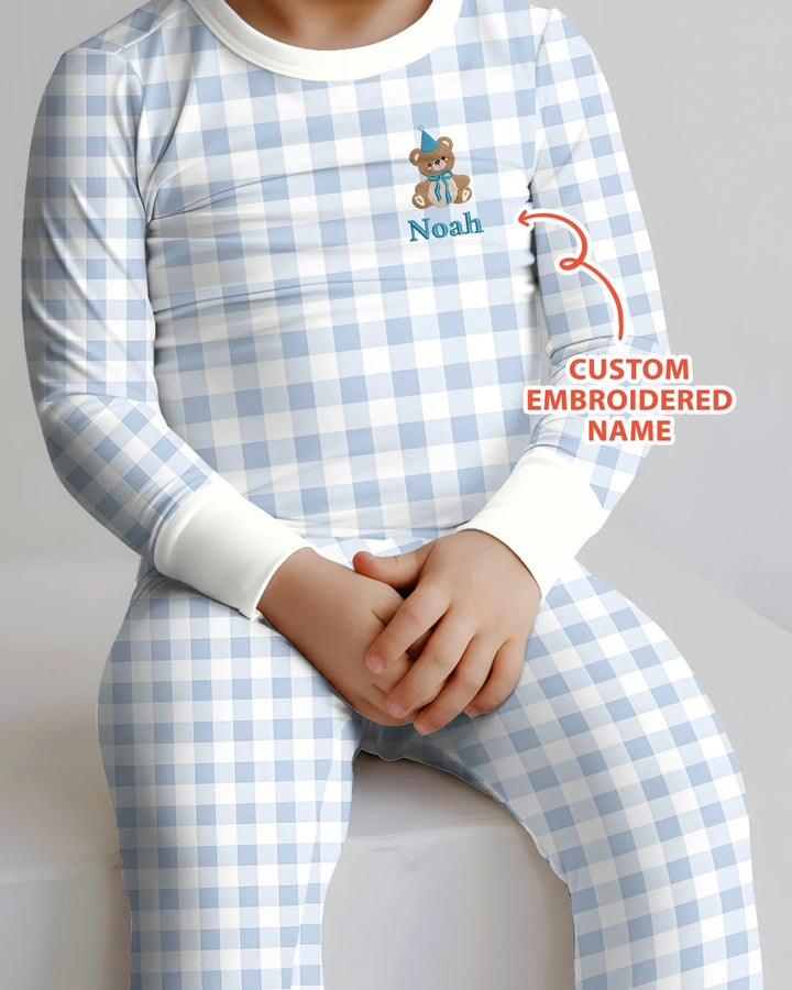 Custom Embroidered Name Birthday Teddy Bamboo Two Piece Long Sleeve Pajama Set