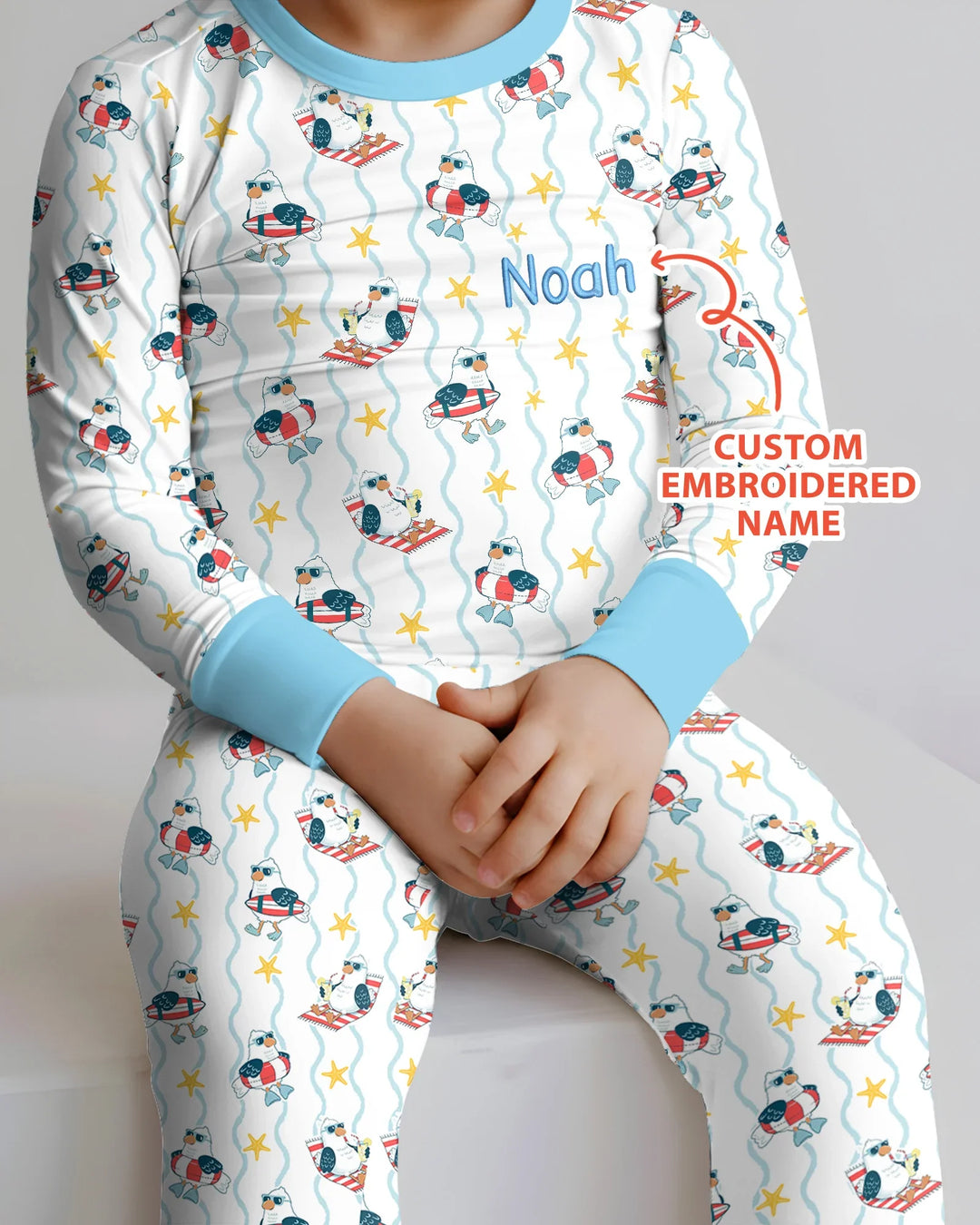 Personalized Embroidered Summer Seagull Baby Bamboo Two Piece Long Sleeve Pajama Set