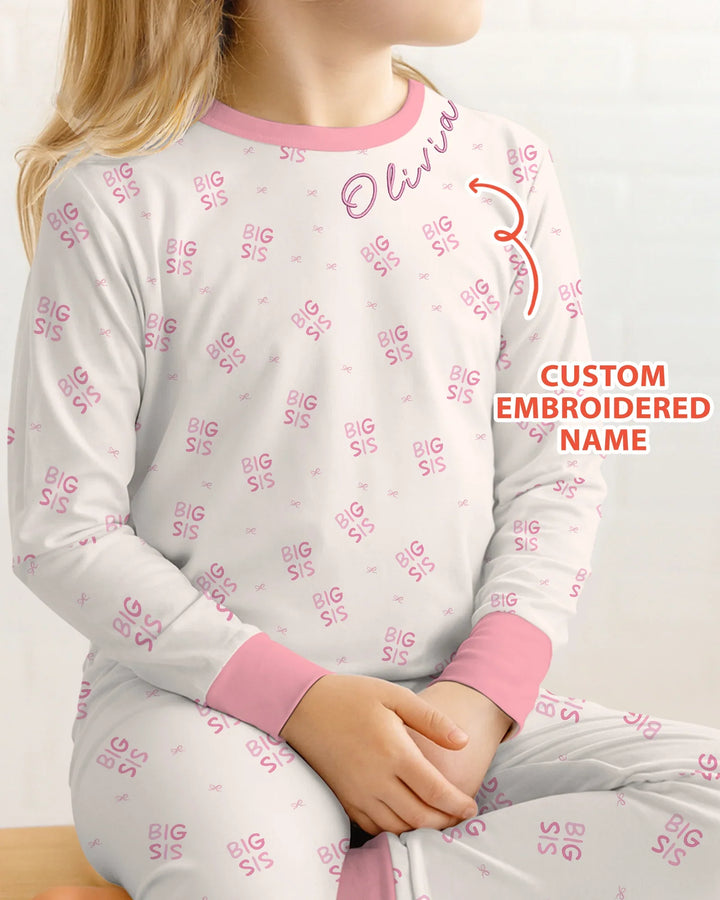 Custom Embroidered Name Big Sis Bamboo Two Piece Long Sleeve Pajama Set