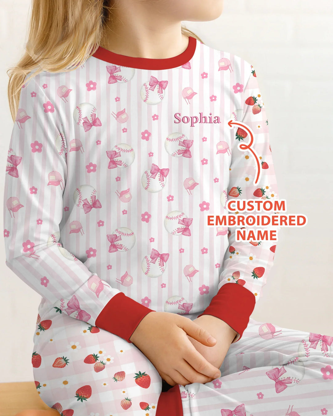 Custom Embroidered Name Baseball Girl Bamboo Two Piece Long Sleeve Pajama Set