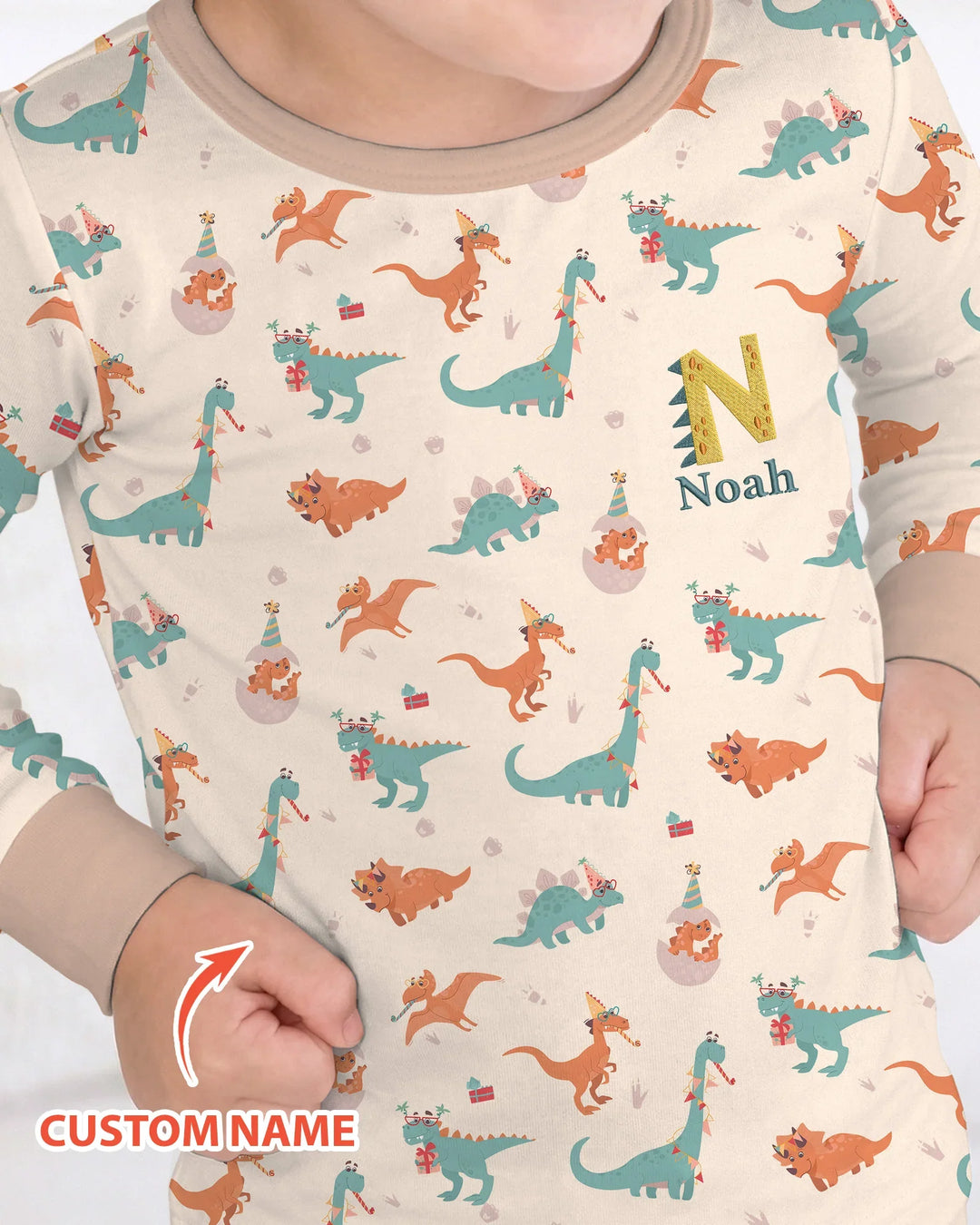 Custom Embroidered Name Dinosaurs Bamboo Two Piece Long Sleeve Pajama Set