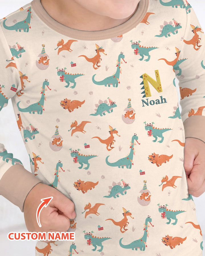 Custom Embroidered Name Dinosaurs Bamboo Two Piece Long Sleeve Pajama Set