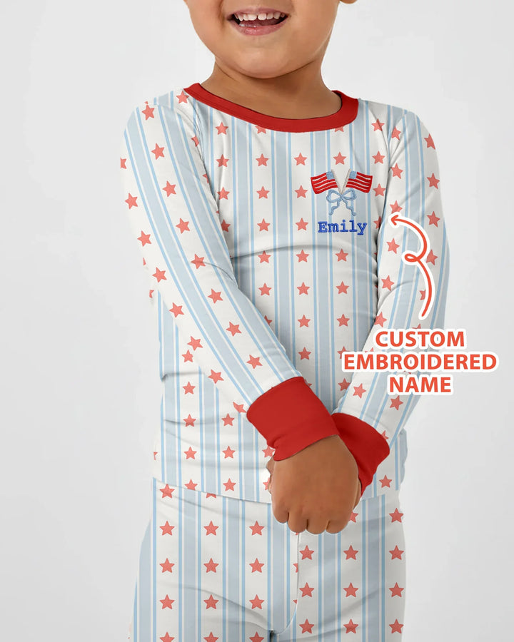 Custom Name Embroidered First 4th Of July Baby Bamboo Two Piece Long Sleeve Pajama Set