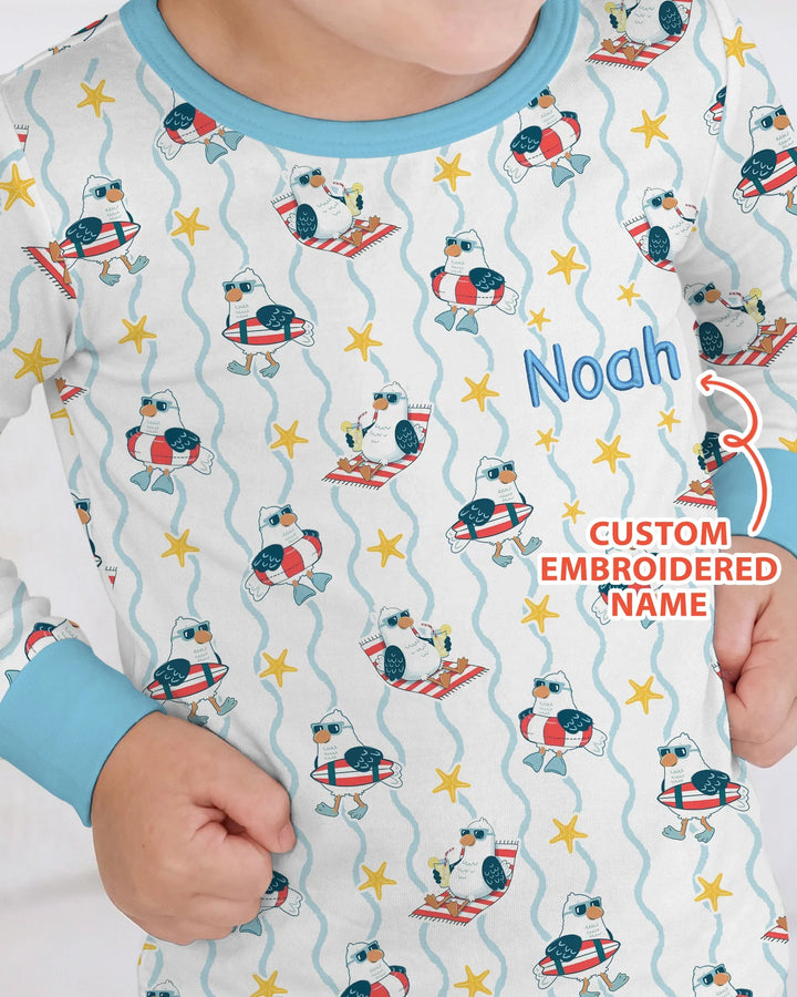 Personalized Embroidered Summer Seagull Baby Bamboo Two Piece Long Sleeve Pajama Set