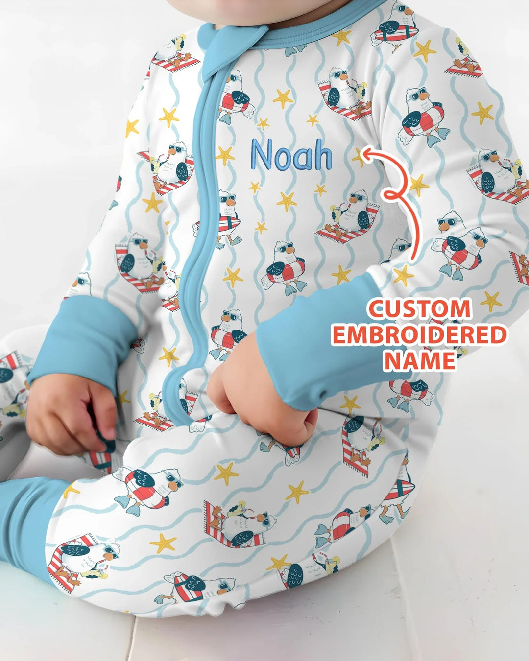 Personalized Embroidered Summer Seagull Baby Bamboo Convertible Zippy
