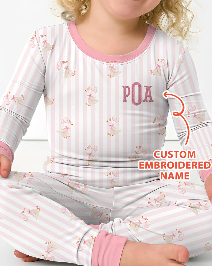 Custom Name Embroidered Birthday Girl Bamboo Two Piece Long Sleeve Pajama Set