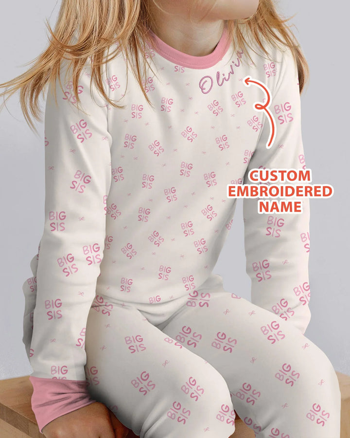 Custom Embroidered Name Big Sis Bamboo Two Piece Long Sleeve Pajama Set