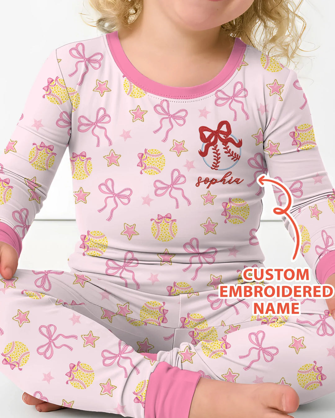 Custom Embroidered Softball Bow Baby Bamboo Two Piece Long Sleeve Pajama Set