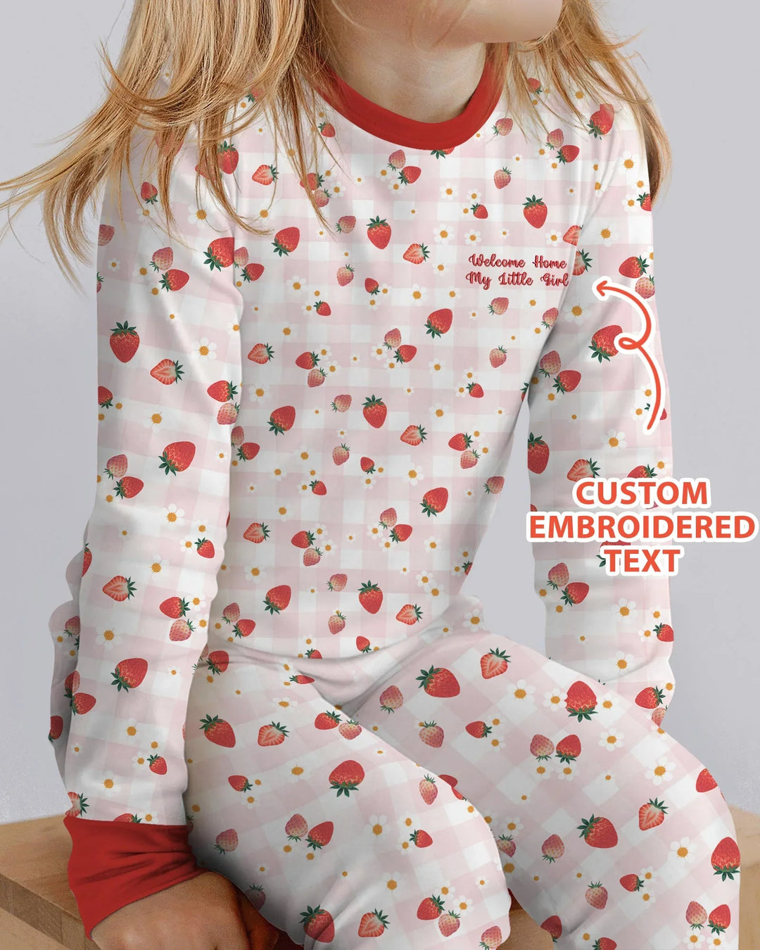 Embroidered Custom Text Strawberry Bamboo Two Piece Long Sleeve Pajama Set