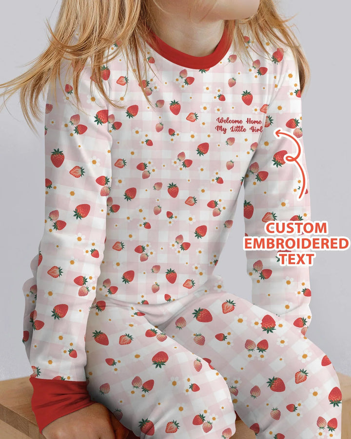 Embroidered Custom Text Strawberry Bamboo Two Piece Long Sleeve Pajama Set