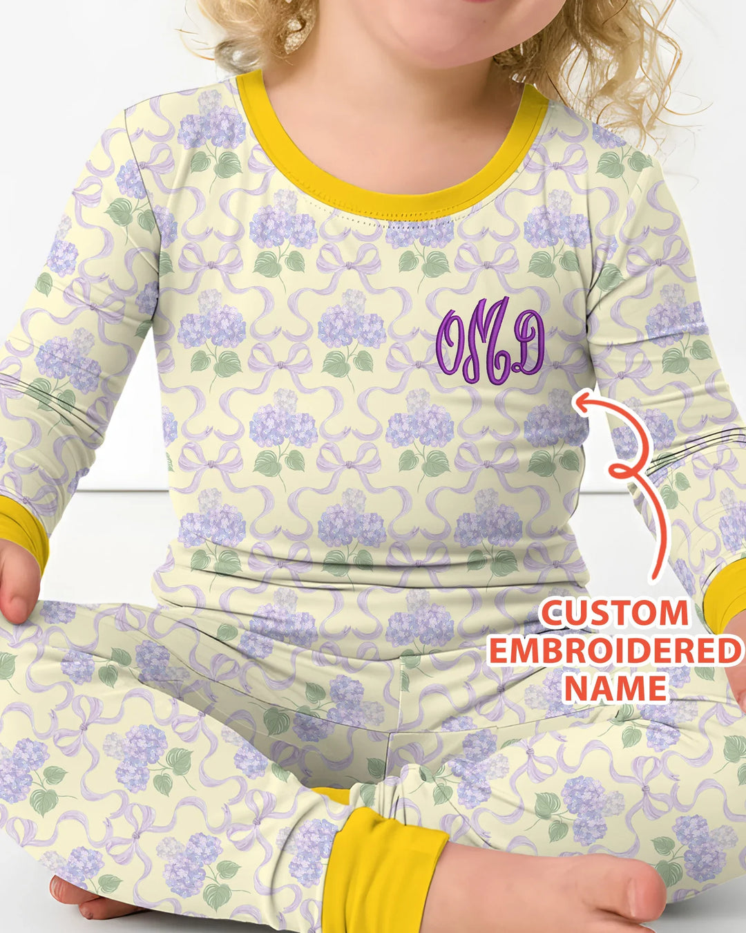 Custom Name Embroidered Hydrangea Welcome Home Bamboo Two Piece Long Sleeve Pajama Set