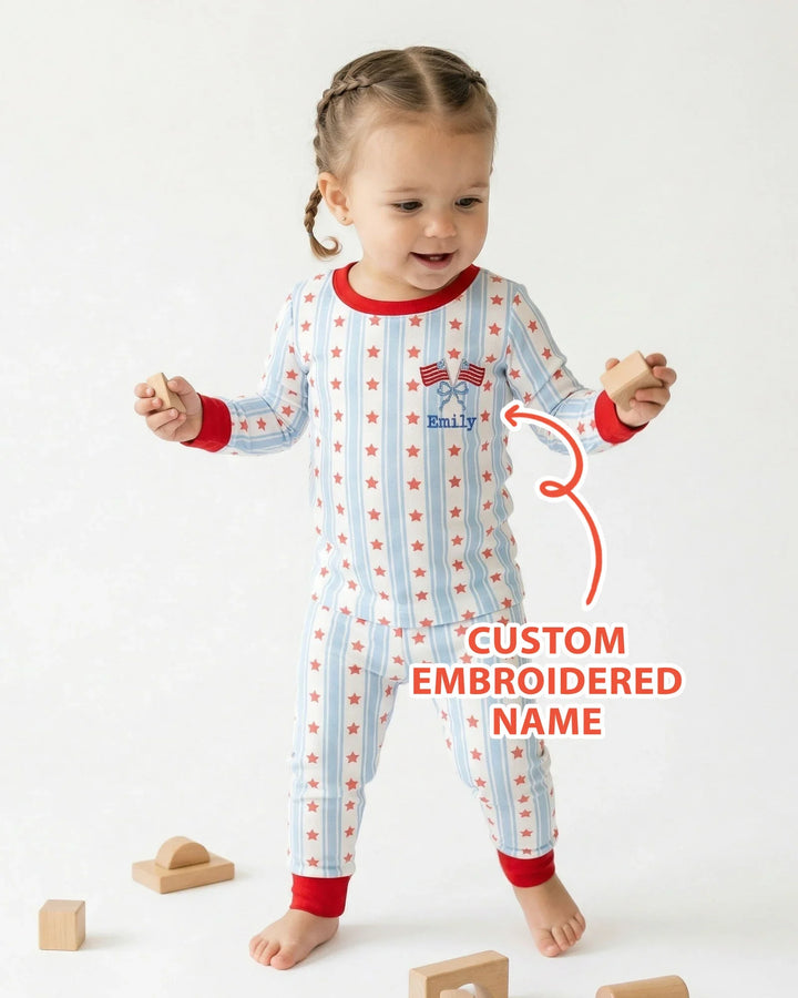 Custom Name Embroidered First 4th Of July Baby Bamboo Two Piece Long Sleeve Pajama Set