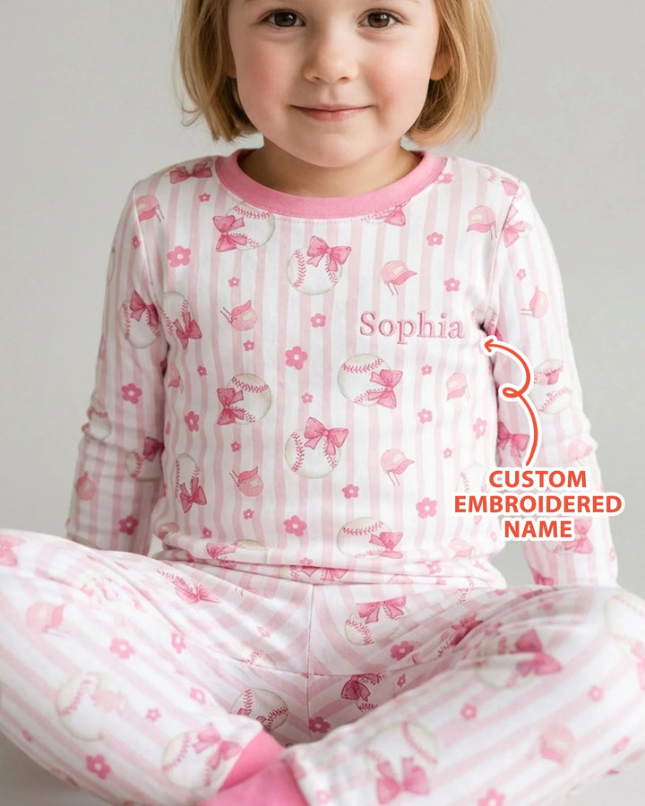 Custom Embroidered Name Baseball Girl Bamboo Two Piece Long Sleeve Pajama Set