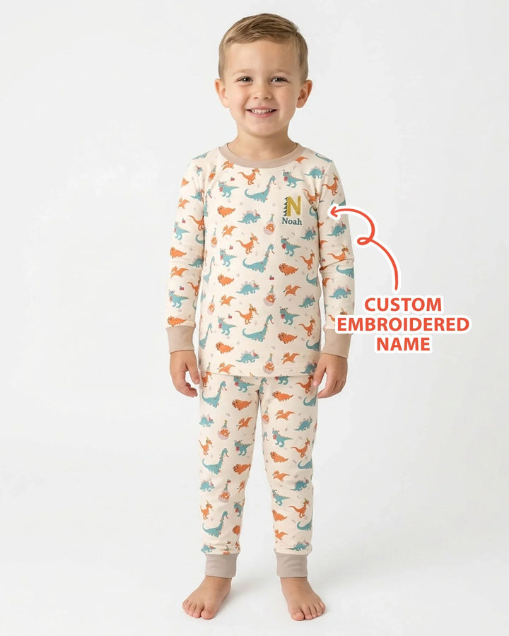 Custom Embroidered Name Dinosaurs Bamboo Two Piece Long Sleeve Pajama Set