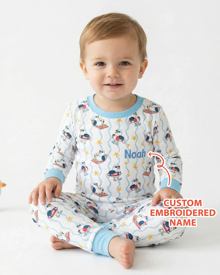 Personalized Embroidered Summer Seagull Baby Bamboo Two Piece Long Sleeve Pajama Set