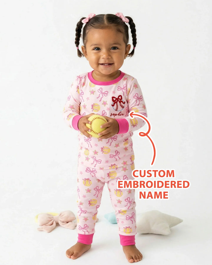 Custom Embroidered Softball Bow Baby Bamboo Two Piece Long Sleeve Pajama Set