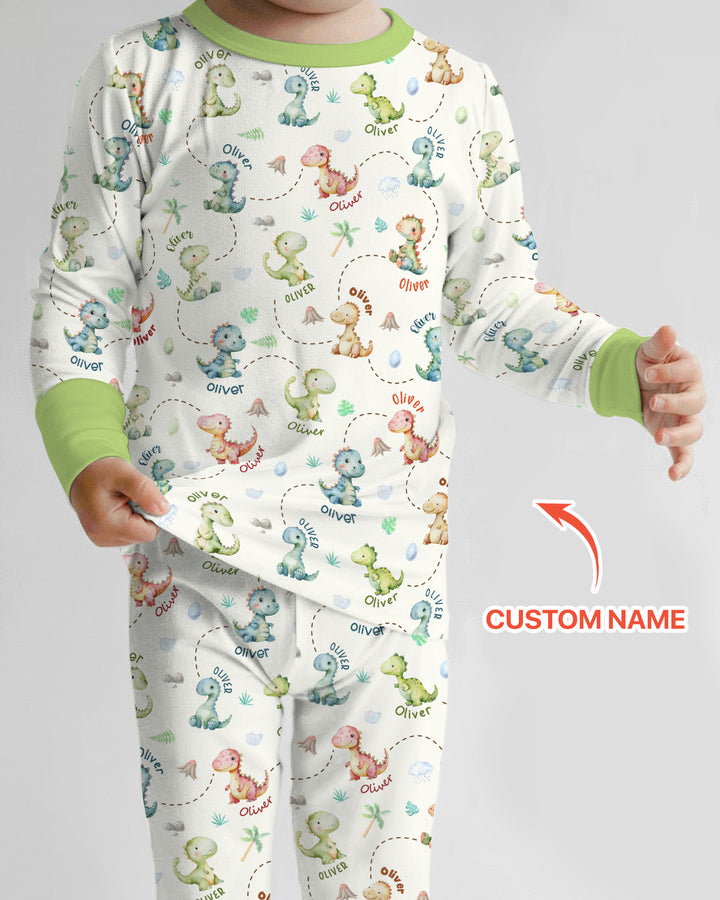 Personalized Dino Friends Bamboo Two Piece Long Sleeve Pajama Set