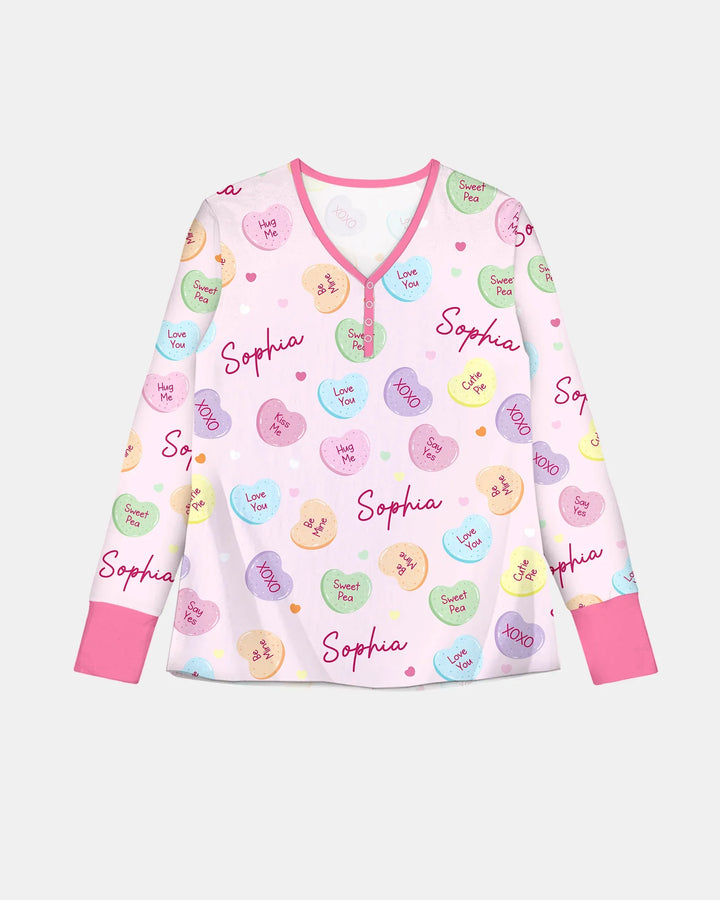 Custom Name Colorful Candy Hearts Family Matching Bamboo Women Pajama Set