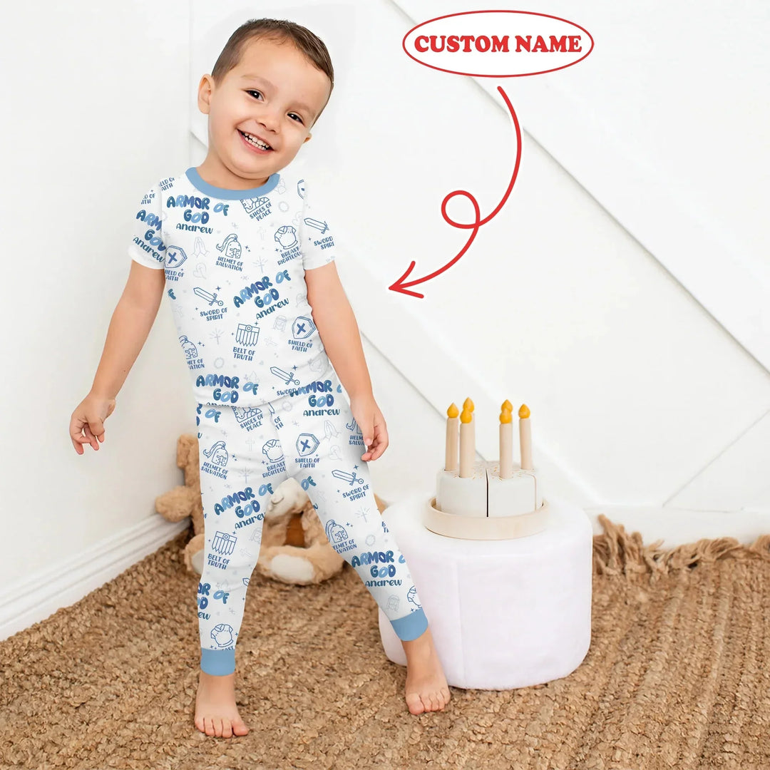 Armor of God Custom Name Two Piece Short Sleeve Pajama Set , Armor of God Custom Name Two Piece Short Sleeve Pajama Set - 12-18M