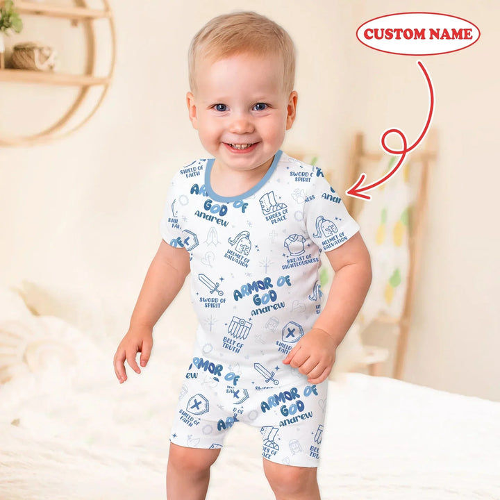 Armor of God Custom Name Two Piece Short Sleeve Shorts Pajama Set , Armor of God Custom Name Two Piece Short Sleeve Shorts Pajama Set - 12-18M