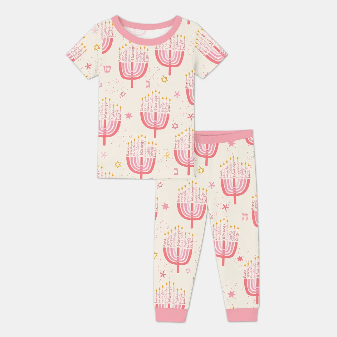 Hannukkah Menorah Family Matching Two Piece Short Sleeve Pajama Set , Hannukkah Menorah Family Matching Two Piece Short Sleeve Pajama Set - 12-18M / Girl