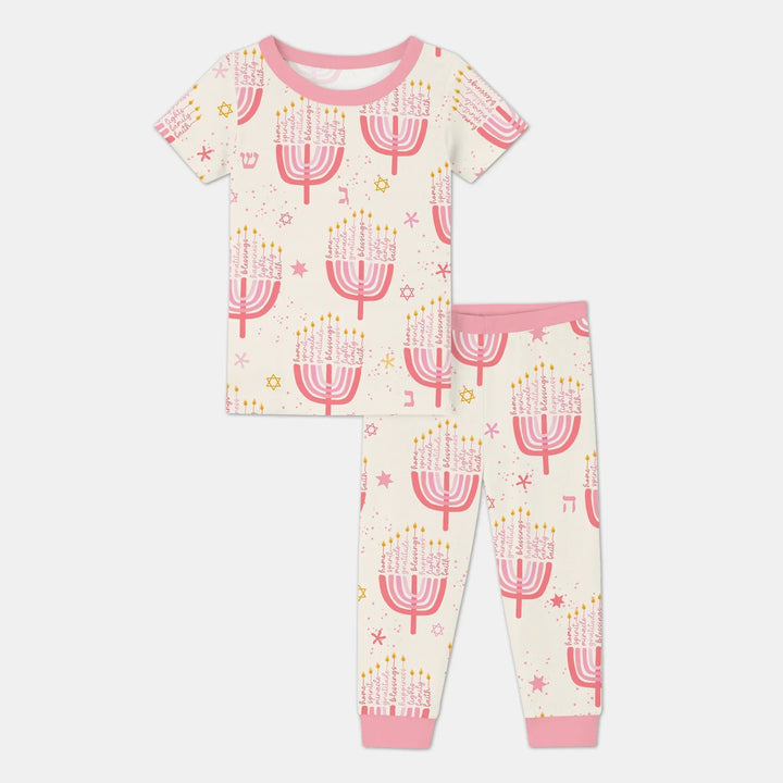 Hannukkah Menorah Family Matching Two Piece Short Sleeve Pajama Set , Hannukkah Menorah Family Matching Two Piece Short Sleeve Pajama Set - 12-18M / Girl