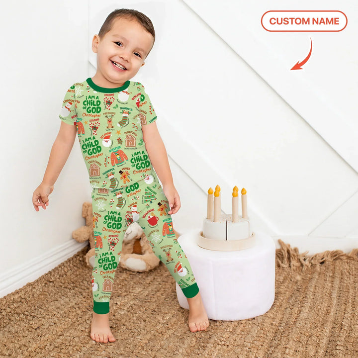Merry Christmas I Am A Child Of God Custom Name Two Piece Short Sleeve Pajama Set (Green) , Merry Christmas I Am A Child Of God Custom Name Two Piece Short Sleeve Pajama Set (Green) - 12-18M