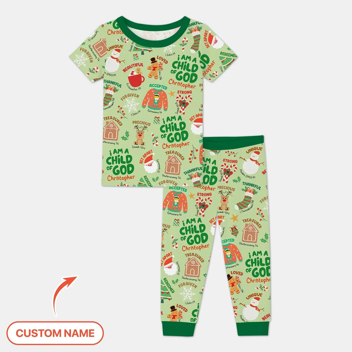 Merry Christmas I Am A Child Of God Custom Name Two Piece Short Sleeve Pajama Set (Green) , Merry Christmas I Am A Child Of God Custom Name Two Piece Short Sleeve Pajama Set (Green) - 12-18M