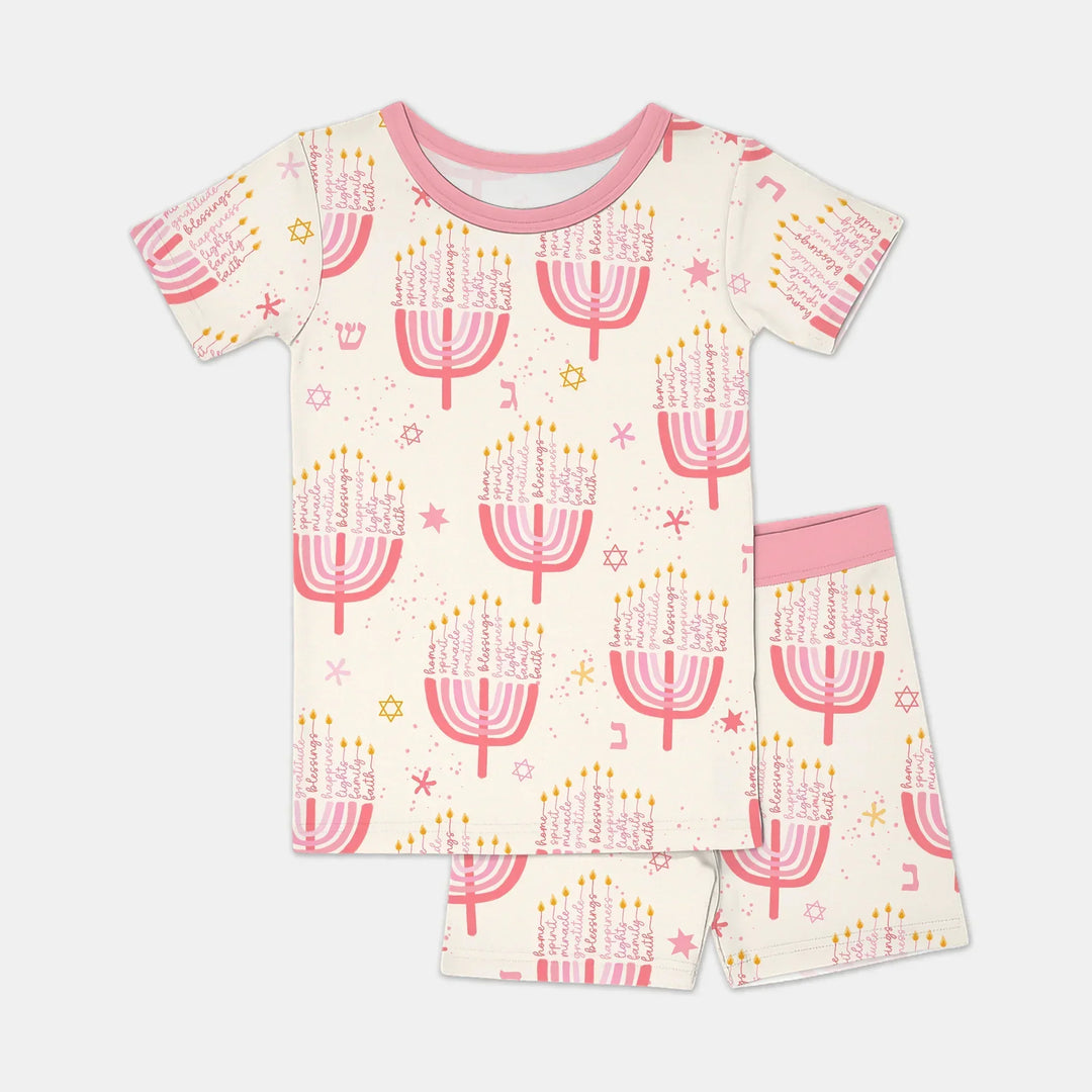 Hannukkah Menorah Family Matching Two Piece Short Sleeve Shorts Pajama Set , Hannukkah Menorah Family Matching Two Piece Short Sleeve Shorts Pajama Set - 12-18M / Girl