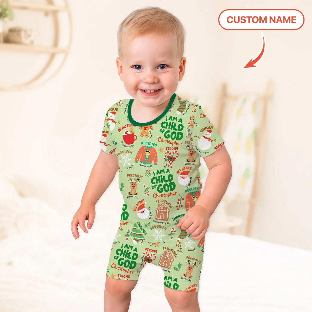 Merry Christmas I Am A Child Of God Custom Name Two Piece Short Sleeve Shorts Pajama Set (Green) , Merry Christmas I Am A Child Of God Custom Name Two Piece Short Sleeve Shorts Pajama Set (Green) - 12-18M