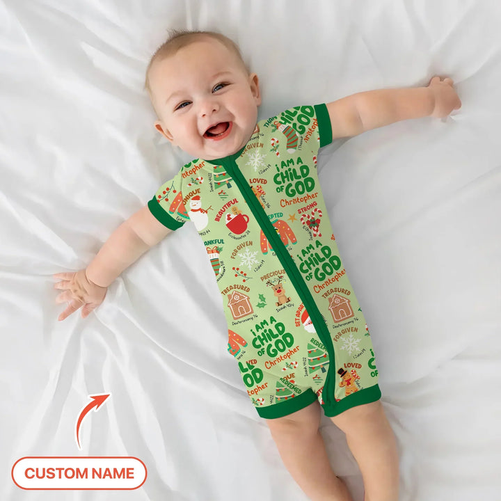 Merry Christmas I Am A Child Of God Custom Name Shorty Zippy (Green) , Merry Christmas I Am A Child Of God Custom Name Shorty Zippy (Green) - 0-3M