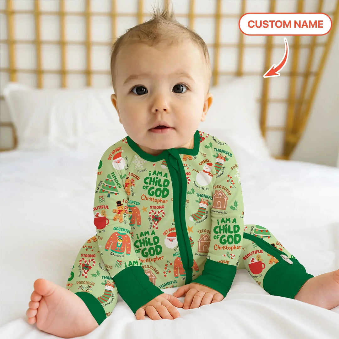 Merry Christmas I Am A Child Of God Custom Name Convertible Zippy (Green) , Merry Christmas I Am A Child Of God Custom Name Convertible Zippy (Green) - 0-3M