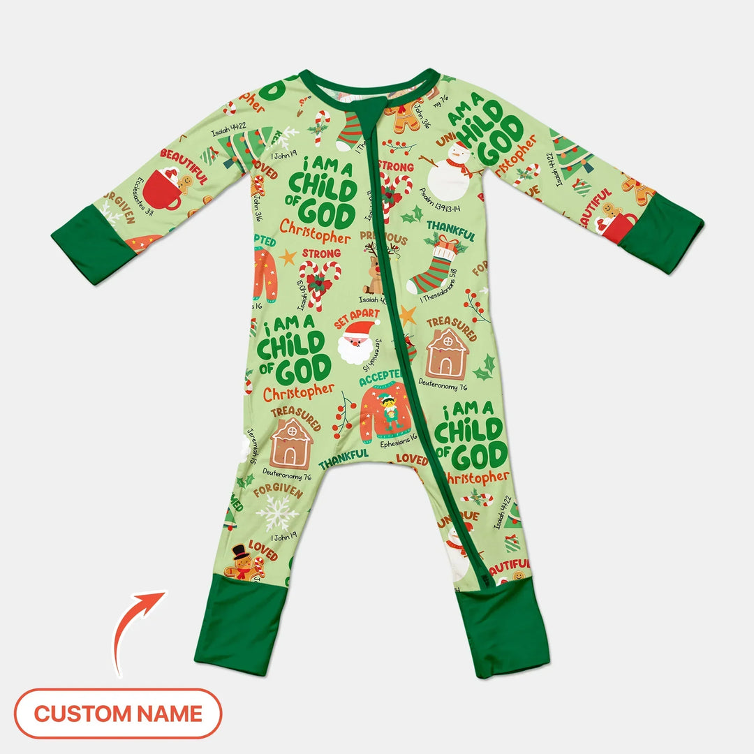 Merry Christmas I Am A Child Of God Custom Name Convertible Zippy (Green) , Merry Christmas I Am A Child Of God Custom Name Convertible Zippy (Green) - 0-3M