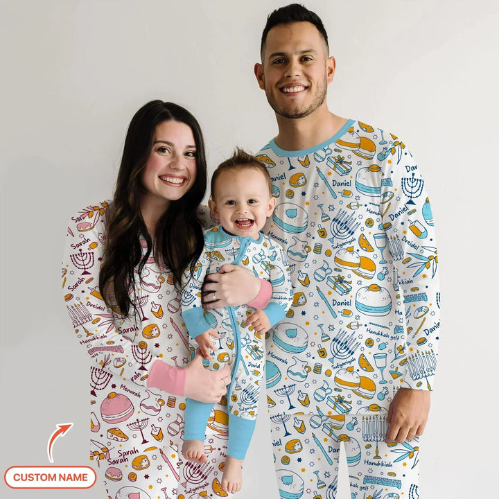 Happy Hanukkah Doodles Custom Name Family Matching Bamboo Women Pajama Set