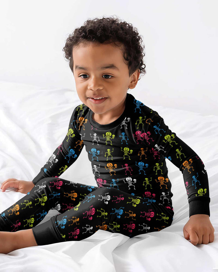 Halloween Dancing Skeleton Bamboo Two Piece Long Sleeve Pajama Set
