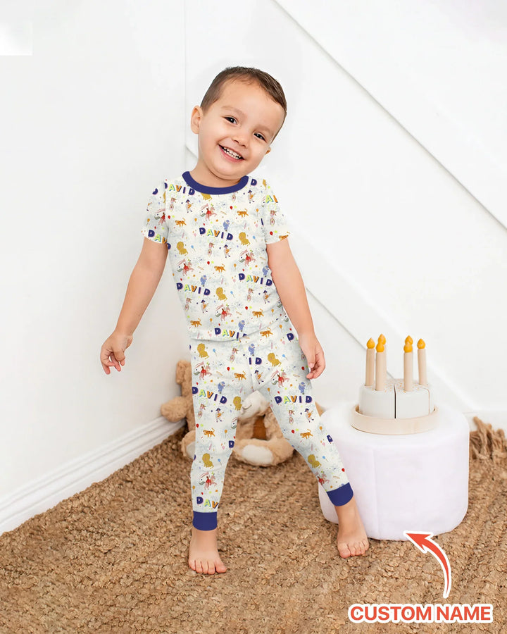Custom Name Circus Toile Bamboo Two Piece Short Sleeve Pajama Set