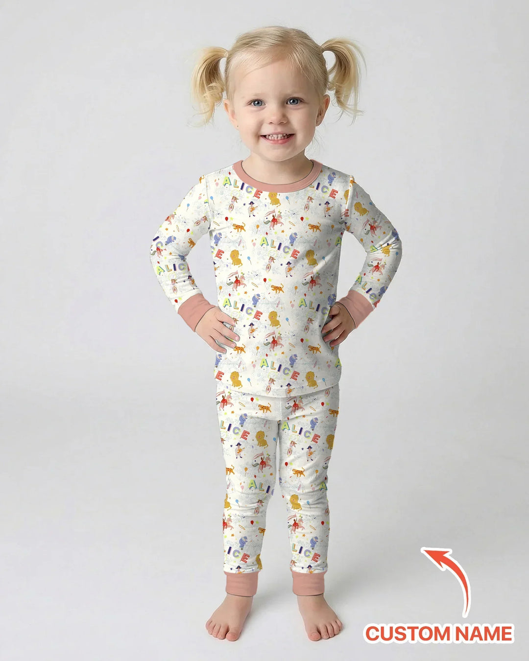 Custom Name Circus Toile Bamboo Two Piece Long Sleeve Pajama Set