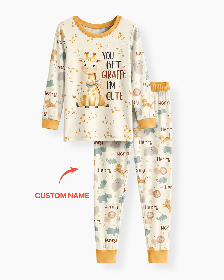You Bet Giraffe I'm Cute Custom Name Bamboo Two Piece Long Sleeve Pajama Set