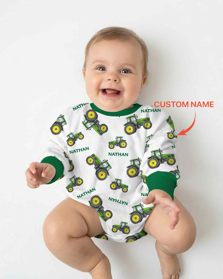 Custom Name Green Tractors Matching Daddy & Me Bamboo Bubble Romper