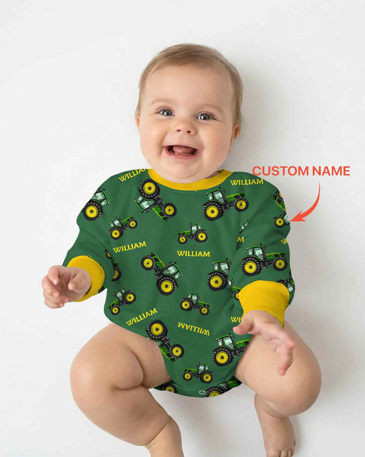 Custom Name Green Tractors Matching Daddy & Me Bamboo Bubble Romper
