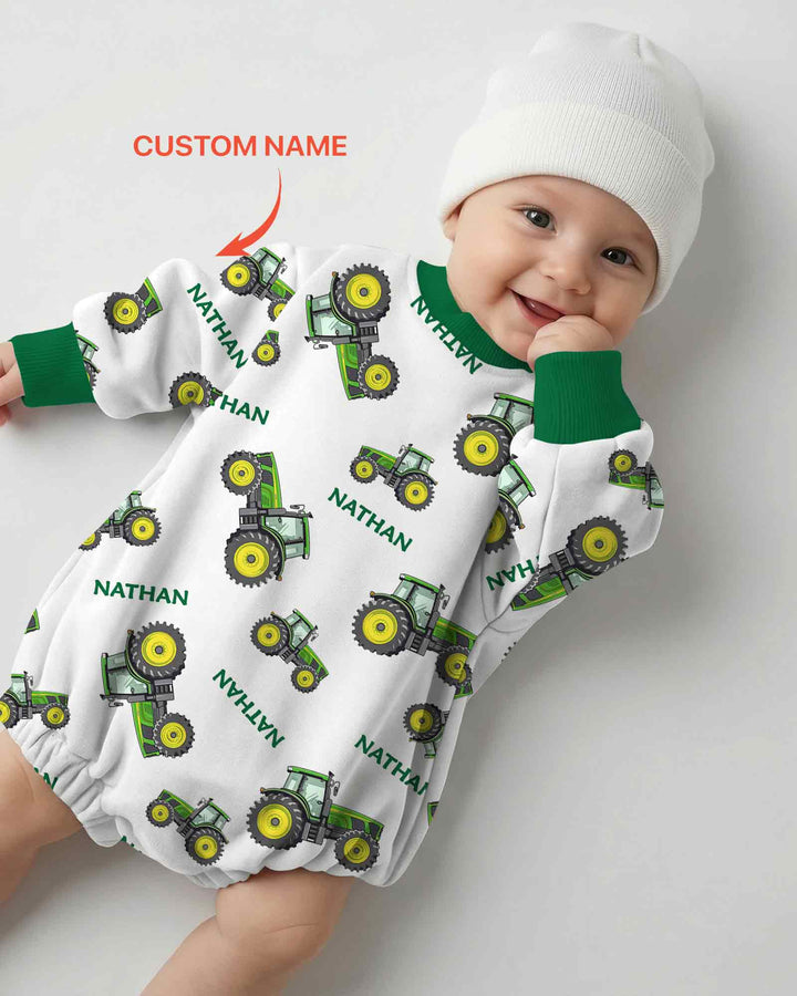 Custom Name Green Tractors Matching Daddy & Me Bamboo Bubble Romper