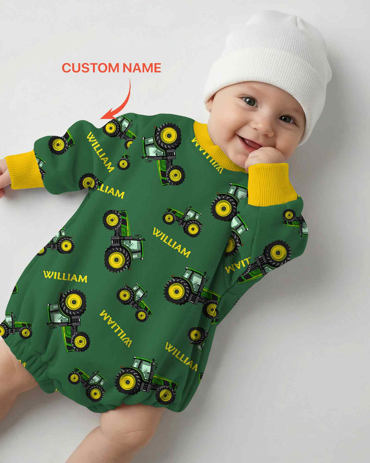 Custom Name Green Tractors Matching Daddy & Me Bamboo Bubble Romper