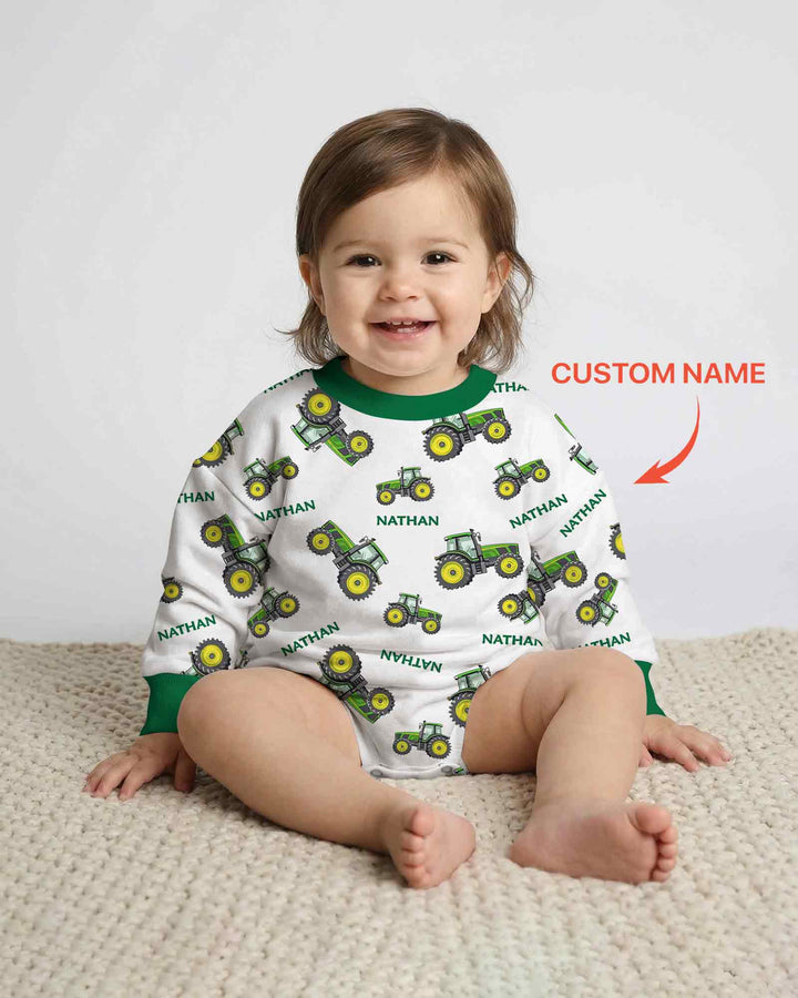 Custom Name Green Tractors Matching Daddy & Me Bamboo Bubble Romper