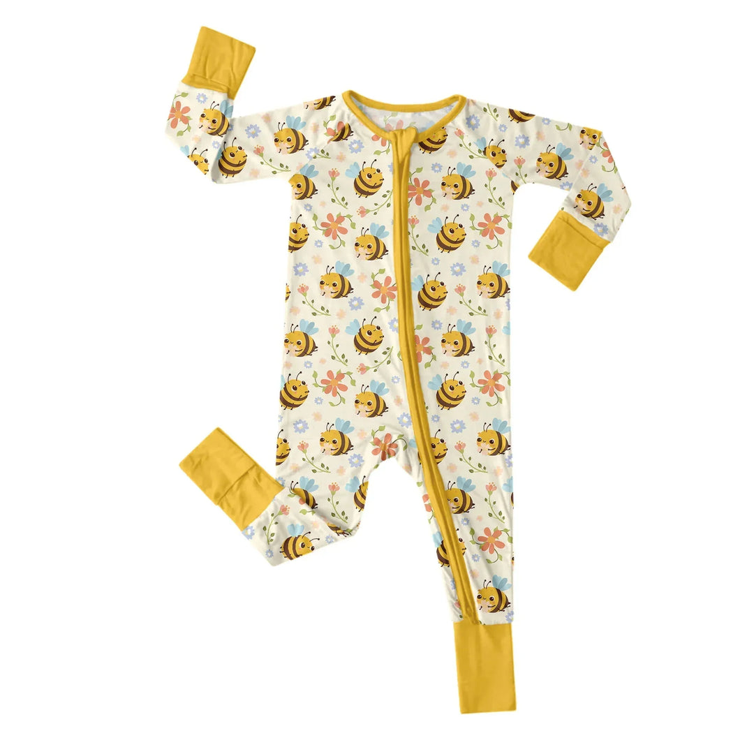 Bees and Flowers Convertible Zippered Romper , Bees and Flowers Convertible Zippered Romper - Newborn