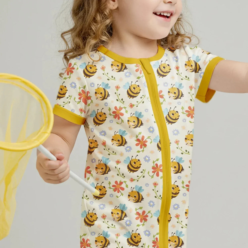 Bees and Flowers Shorty Zippered Romper , Bees and Flowers Shorty Zippered Romper - 0-3M