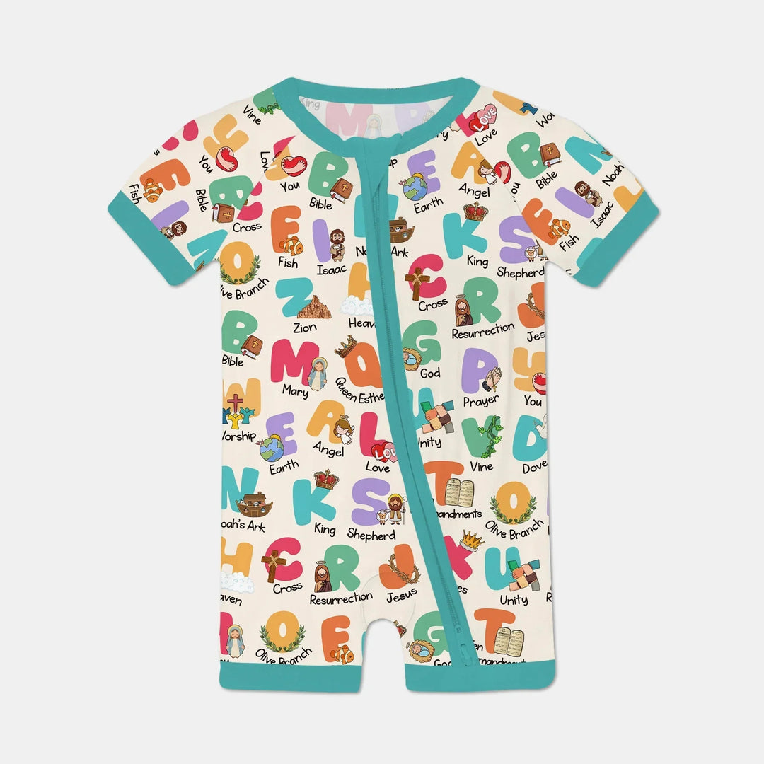 Biblical Alphabet Shorty Zippy , Biblical Alphabet Shorty Zippy - 0-3M / Teal
