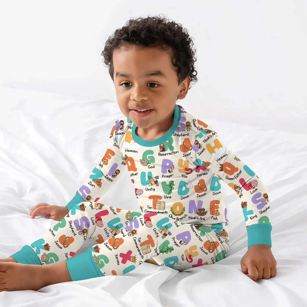 Biblical Alphabet Two Piece Long Sleeve Pajama Set , Biblical Alphabet Two Piece Long Sleeve Pajama Set - 12-18M / Teal