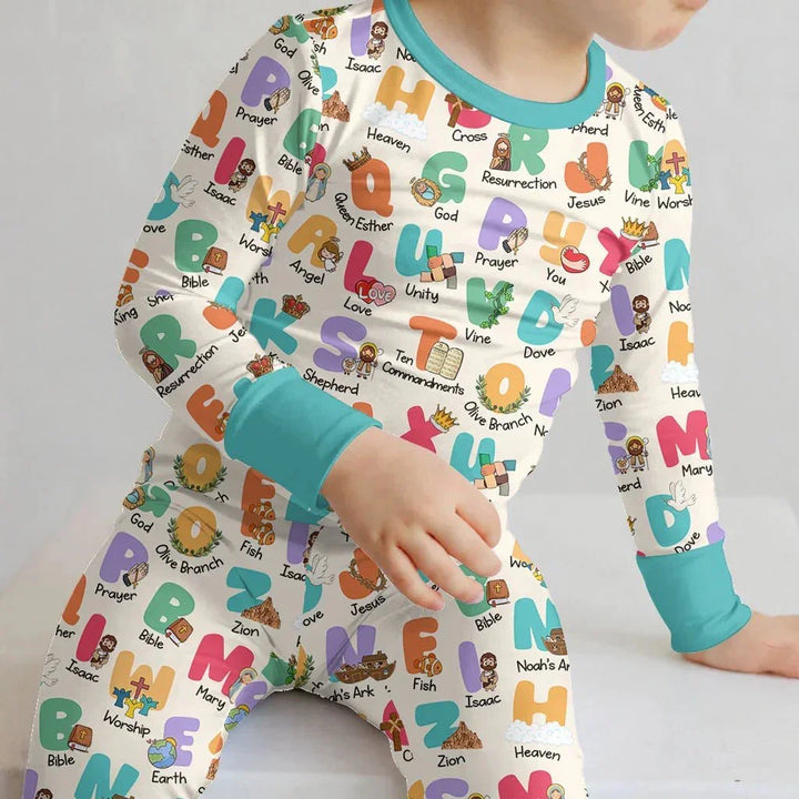 Biblical Alphabet Two Piece Long Sleeve Pajama Set , Biblical Alphabet Two Piece Long Sleeve Pajama Set - 12-18M / Teal