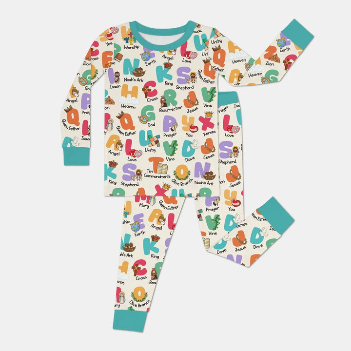 Biblical Alphabet Two Piece Long Sleeve Pajama Set , Biblical Alphabet Two Piece Long Sleeve Pajama Set - 12-18M / Teal