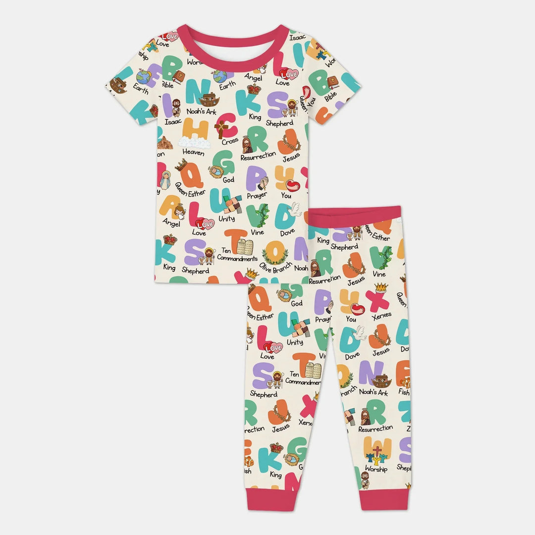 Biblical Alphabet Two Piece Short Sleeve Pajama Set , Biblical Alphabet Two Piece Short Sleeve Pajama Set - 12-18M / Red